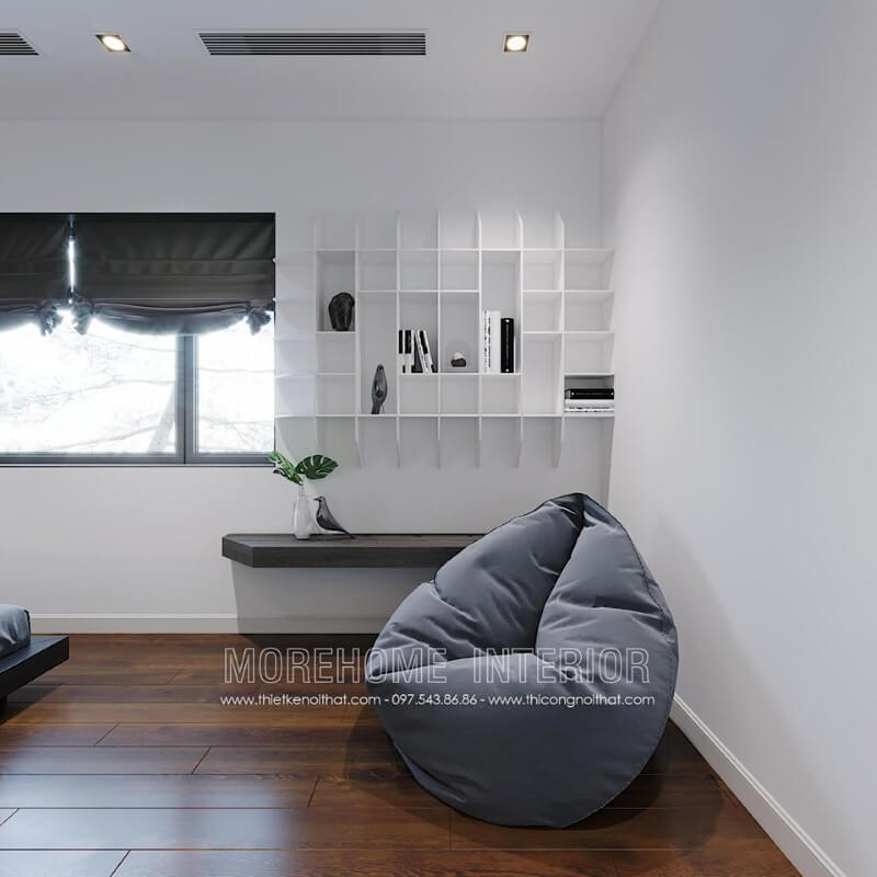 Kệ trang trí ốp tường sơn trắng đẹp, tạo góc nhìn độc đáo, tinh tế cho phòng ngủ. Thiết kế nội thất biệt thự tại Hà Nội