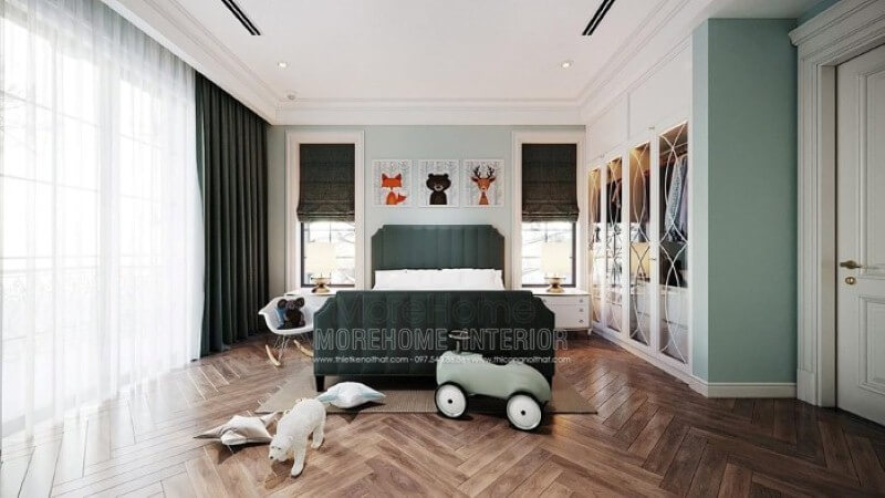 Giường ngủ bọc nệm màu xanh đẹp độc đáo cho phòng trẻ em. Thiết kế nội thất bệt thự Hà Nội