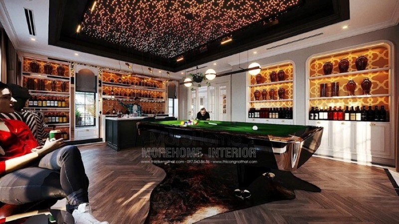 Bàn bi-a, quầy bar, hầm rượu, trần xuyên sáng đã tạo nên nét đẹp sang trọng, đẳng cấp trong trang trí nội thất phòng giải trí tại biệt thự. Thiết kế nội thất bệt thự Hà Nội