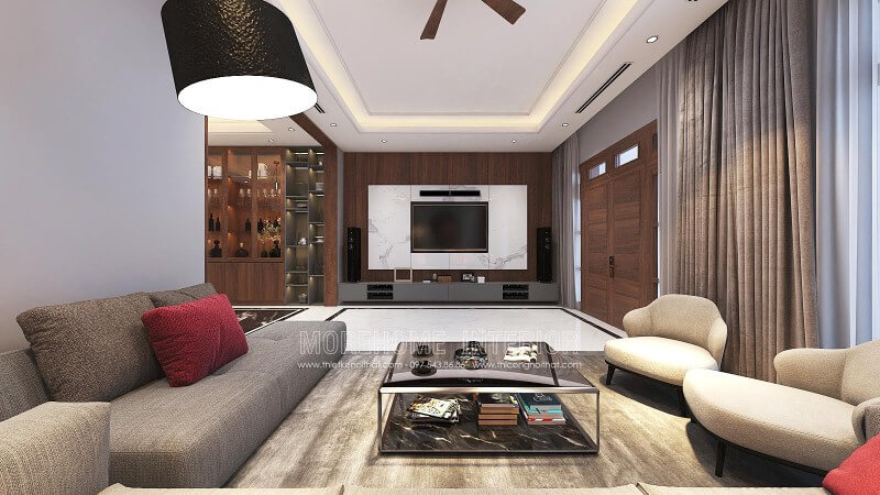 Trang trí tường phòng khách đẹp với điểm nhấn từ đá trắng vân mây kết hợp cùng gỗ ốp tường cao cấp. Thiết kế nội thất bệt thự Hà Nội