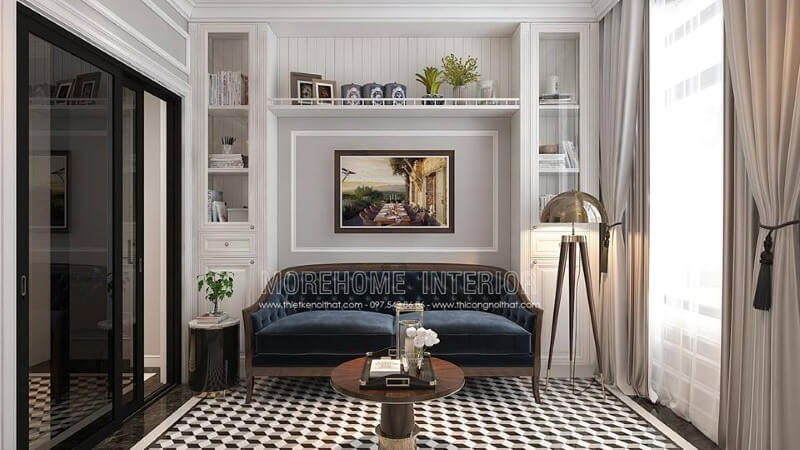 Kệ trang trí cùng ghế sofa được thiết kế khá hợp lý giúp không gian vừa trở nên thông thoáng nhưng lại tạo điểm nhấn ấn tượng, độc đáo cho phòng đọc sách. Thiết kế nội thất biệt thự tại Hà Nội