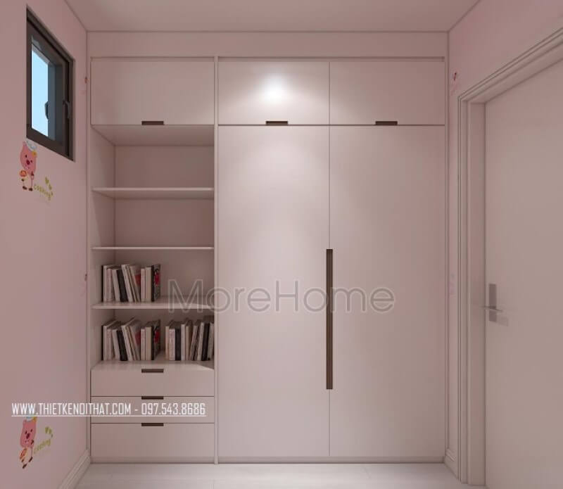 Tủ quần áo hiện đại gỗ công nghiệp kết hợp kệ để sách hiện đại, đẹp cho phòng ngủ con gái. Thiết kế nội thất biệt thự tại Hà Nội