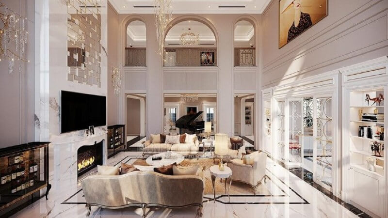 Trang trí nội thất biệt thự Vinhomes Imperia Hải Phòng ấn tượng với phòng khách thông tầng đẹp, sang trọng. Thiết kế nội thất biệt thự tại Hà Nội