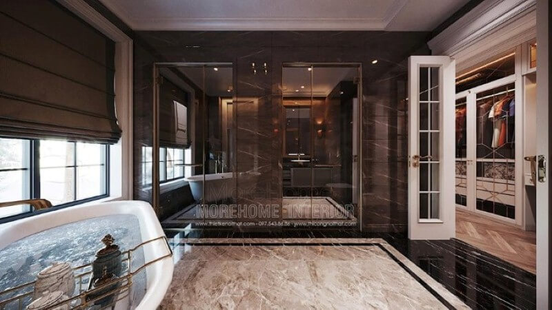 Bố trí nội thất phòng tắm có bồn đẹp, sang trọng. Thiết kế nội thất biệt thự tại Hà Nội