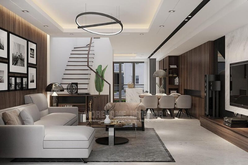Sắp xếp phòng khách liền phòng bếp, phòng ăn phong cách hiện đại đã trở thành xu hướng ấn tượng nhất hiện nay. Thiết kế nội thất bệt thự Hà Nội