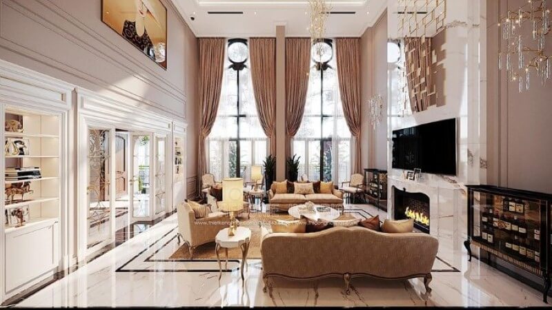 Thiết kế nội thất phòng khách tân cổ điển đẹp, sang trọng tại Vinhomes Imperia Hải Phòng. Thiết kế nội thất bệt thự Hà Nội