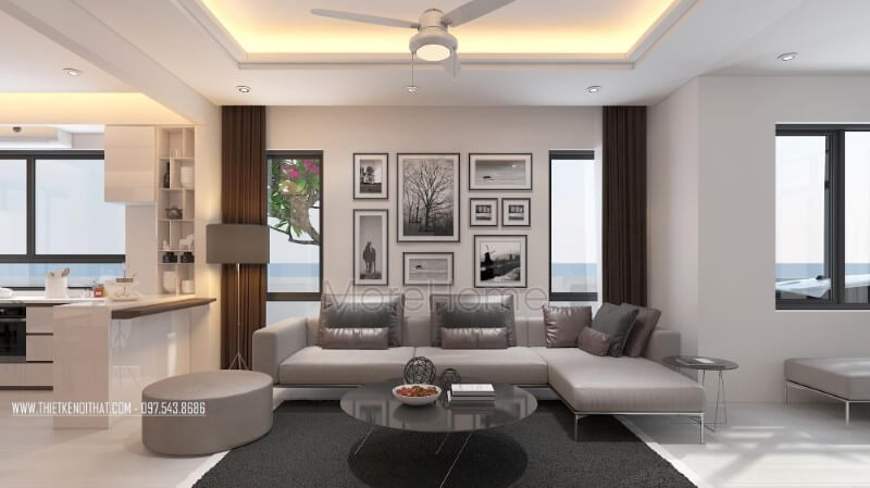 Trang trí nội thất phòng khách hiện đại với tone trầm chủ đạo tạo nên không gian nhẹ nhàng, sâu lắng tại biệt thự Vinhomes Thăng Long Hà Nội. Thiết kế nội thất bệt thự Hà Nội