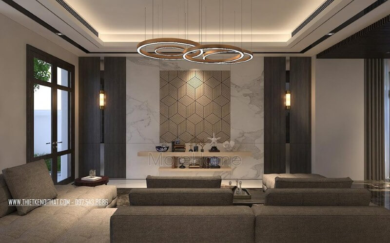 Trang trí phòng khách hiện đại ấn tượng với đá ốp tường cao cấp cùng họa tiết 3D độc đáo. Thiết kế nội thất biệt thự tại Hà Nội