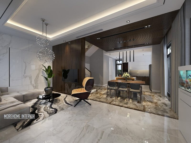 Điểm nhấn ấn tượng giữa gỗ ốp tường cùng đá lát sàn cao cấp tạo nên ánh nhìn hiện đại, sang trọng cho phòng khách liền bếp ăn. Thiết kế nội thất biệt thự tại Hà Nội