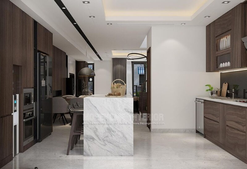 Bố trí phòng bếp đẹp ấn tượng từ phong cách hiện đại sang trọng. Thiết kế nội thất biệt thự tại Hà Nội