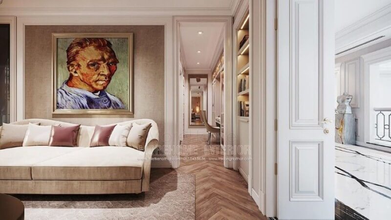 Tranh canvas chân dung họa sĩ Van Gogh nổi tiếng tạo điểm nhấn tuyệt đẹp cho không gian. Thiết kế nội thất bệt thự Hà Nội