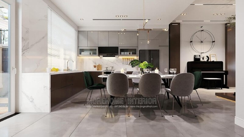 Mẫu tủ bếp chữ L đẹp, hiện đại, có cửa sổ cho nhà biệt thự Thiết kế nội thất biệt thự