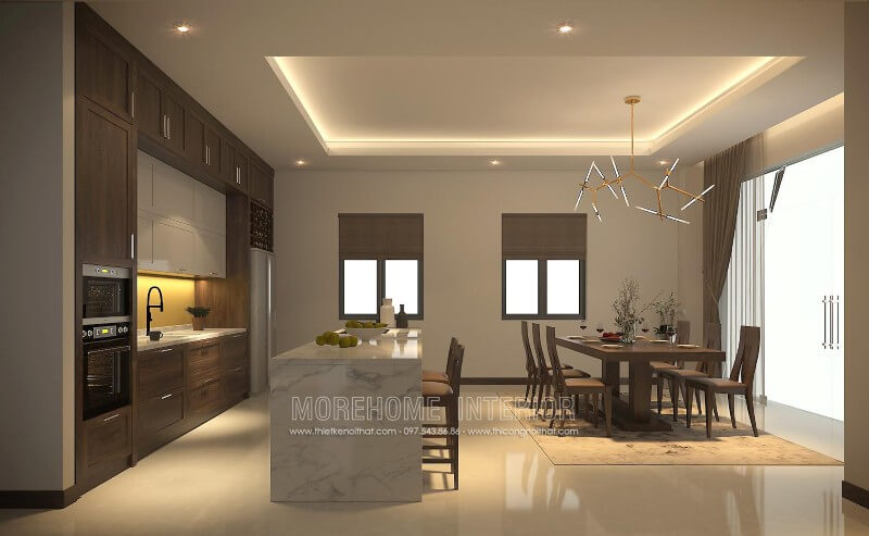 Thiết kế tủ bếp biệt thự liền kề với khu vực ăn uống tạo cảm giác thuận tiện cho gia chủ Thiết kế nội thất biệt thự