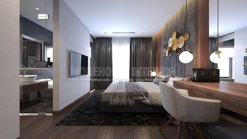 Trang trí nội thất phòng ngủ khép kín hiện đại liền phòng vệ sinh độc đáo với ý tưởng thiết kế mở khi sử dụng cửa kính trắng cường lực. Thiết kế nội thất biệt thự