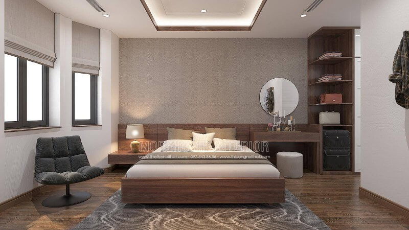 Phòng ngủ tại nhà phố hay biệt thự của bạn không được vuông vắn, bạn vẫn có thể tận dụng lợi thế đó để tạo khoảng thư giãn với chiếc ghế thư giãn êm ái cùng luồng sáng tự nhiên bên cạnh 2 ô cửa luôn chào đón nguồn sinh khí tinh túy từ tự nhiên. Thiết kế nội thất bệt thự Hà Nội