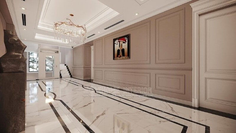 Thiết kế hành lang đẹp ấn tượng với đèn treo tường pha lê cao cấp. Thiết kế nội thất bệt thự Hà Nội