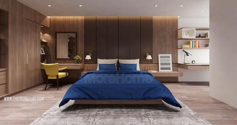 Bố trí khoa học và hợp lí của mẫu thiết kế nội thất phòng ngủ chung cư giúp phân chia khu làm việc, nghỉ ngơi riêng biệt, tạo nên sự riêng tư và thuận tiện cho gia chủ.